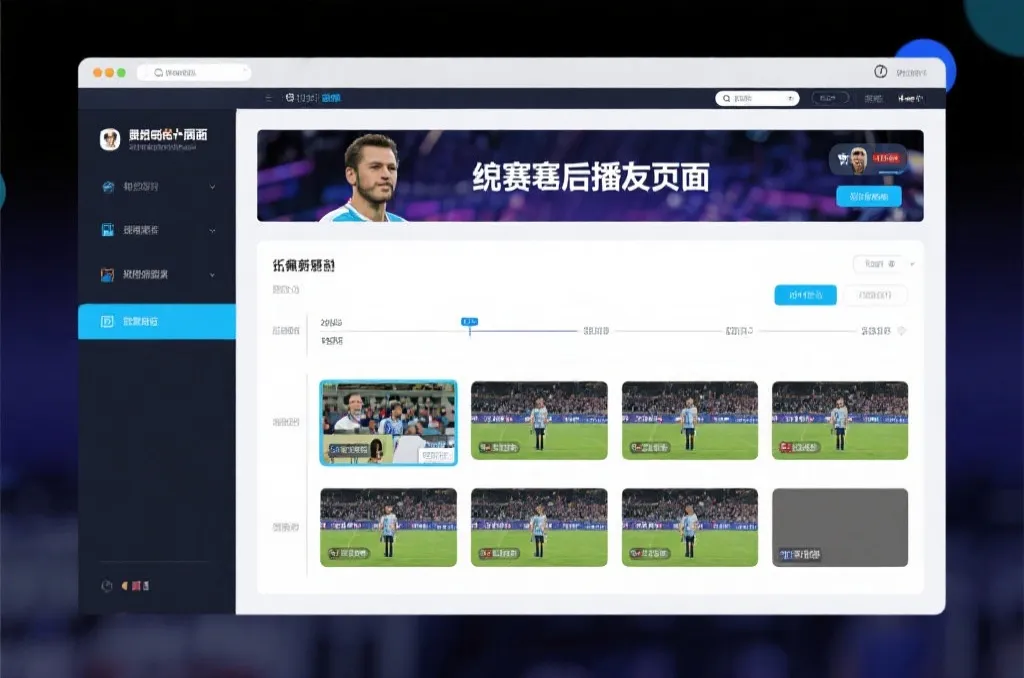 比赛结束后，电视屏幕展示集锦回放页面，旁边有时间轴和多角度切换提示